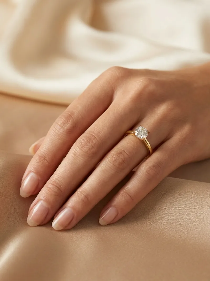Model's hand wearing the exact gold diamond ring